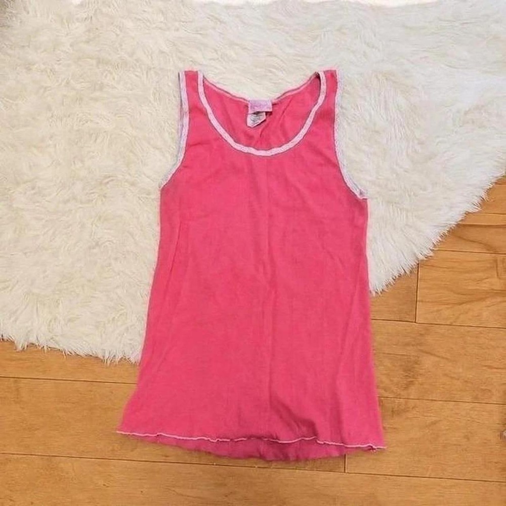Vintage Sparkle Pink Ribbed Lace Trim Tank Top Women Small Y2K Coquette 8039NL